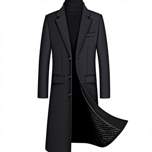 Manteau long élégant pour femme, noir uni, manches longues, col à revers, simple boutonnage, en polyester, pour l'hiver - Product Image 1