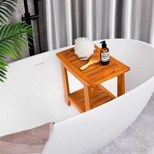 Wooden Two Tier Bathroom Stool With <b>Storage</b> Shelf For Shower And <b>Bath</b> Use - Product Image 2