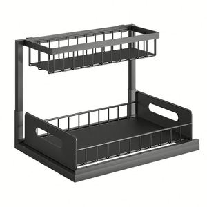 2 Tier Metal Under Sink Organizer Sliding Pull Out Cabinet <b>Basket</b> Drawers <b>Storage</b> Organizer Slide Out Sink Shelf for Kitchen - Product Image 2