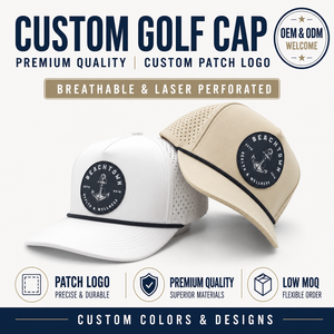 Gorra de Golf de 5 Paneles de Alta Calidad con Parche de Cuero Personalizado, MOQ Bajo, Logotipo Grabado OEM, Gorra Deportiva Premium Estructurada para Clubes de Campo - Product Image 1