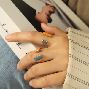 Geometric Drip <b>Ring</b> Gold With Orange Blue Inlay Unisex Fashion Jewelry Gift - Product Image 4