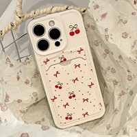 Coque de téléphone rétro avec nœud cerise et porte-cartes pour iPhone 17 Air, 16, 15, 14, 13, 12, 11 Pro Max, 16 Plus – Étui mignon et doux à motif de dessin animé
