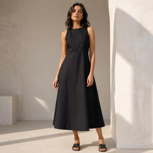 Vestido de Verano Elegante, Negro, Sin Mangas, a Media Pantorrilla, Recto, Informal, de Algodón Satinado, con Estampado a Mano, Transpirable - Product Image 1