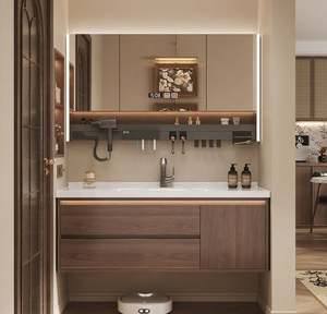 Meuble-lavabo de salle de bain moderne en bois SANTOPOVA avec armoire à miroir intégrée et tiroirs à fermeture douce - Product Image 1