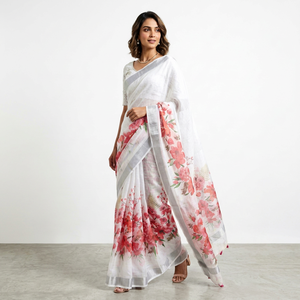 Sari de Lino y Algodón con Estampado Floral Blanco para Mujer, Elegante, Informal, Corte Regular, Largo hasta el Suelo, para Todas las Temporadas, Bengala Occidental, India - Product Image 1