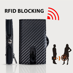 New Design Fashion High Quality Carbon Fiber Real Leather Smart Cardholder RFID Blocking Automatic Pop Out <b>Card</b> <b>Holder</b> <b>Wallet</b> - Product Image 5