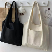 Tas belanja kain katun ramah lingkungan dapat dipakai ulang, tas belanja rompi kanvas dengan saku untuk pelajar wanita