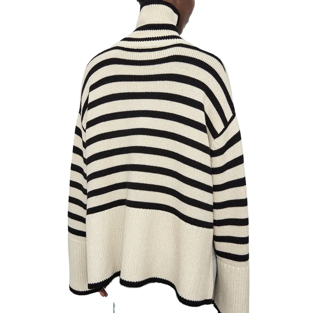 2023 England style black white striped pullover sweater turtleneck knitted coat