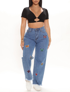 Jeans de Mezclilla Bordados Personalizados con Bajo MOQ de Alta Calidad para Mujer, Corte Holgado, Pierna Recta y Talla Grande - Product Image 5