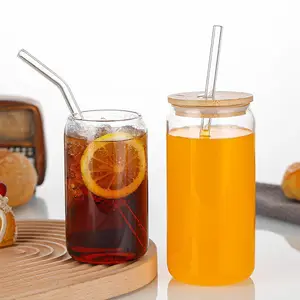 Drinking Glasses Tumbler Clear Glass Cup Reusable Beer Can Shaped High Borosilicate Glass Cup With Bamboo Lid And Straw