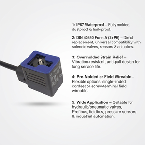 Разъем для электромагнитного клапана IP67 DIN 43650 Form A 2+PE, литой односторонний кабельный комплект, гидравлический пневматический кабельный узел для клапанов - Product Image 2