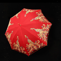 Parapluie de Mariage Chinois Doré à Long Manche Brodé de Dentelle pour Mariée, Grande Parapluie de Cérémonie pour Fille/Femme