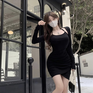Halter Neck Long Sleeve Dress Black Asymmetric Pencil Silhouette Autumn Style Tight Fitting Short Skirt - Product Image 3