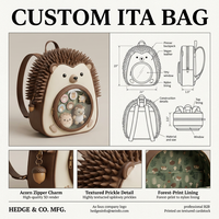 Mochila personalizada Hedgehog Ita Bag de cuero vegano marrón con textura de púas 3D, colgante de cremallera con forma de bellota y forro con diseño de bosque, con espacio para exhibir pines