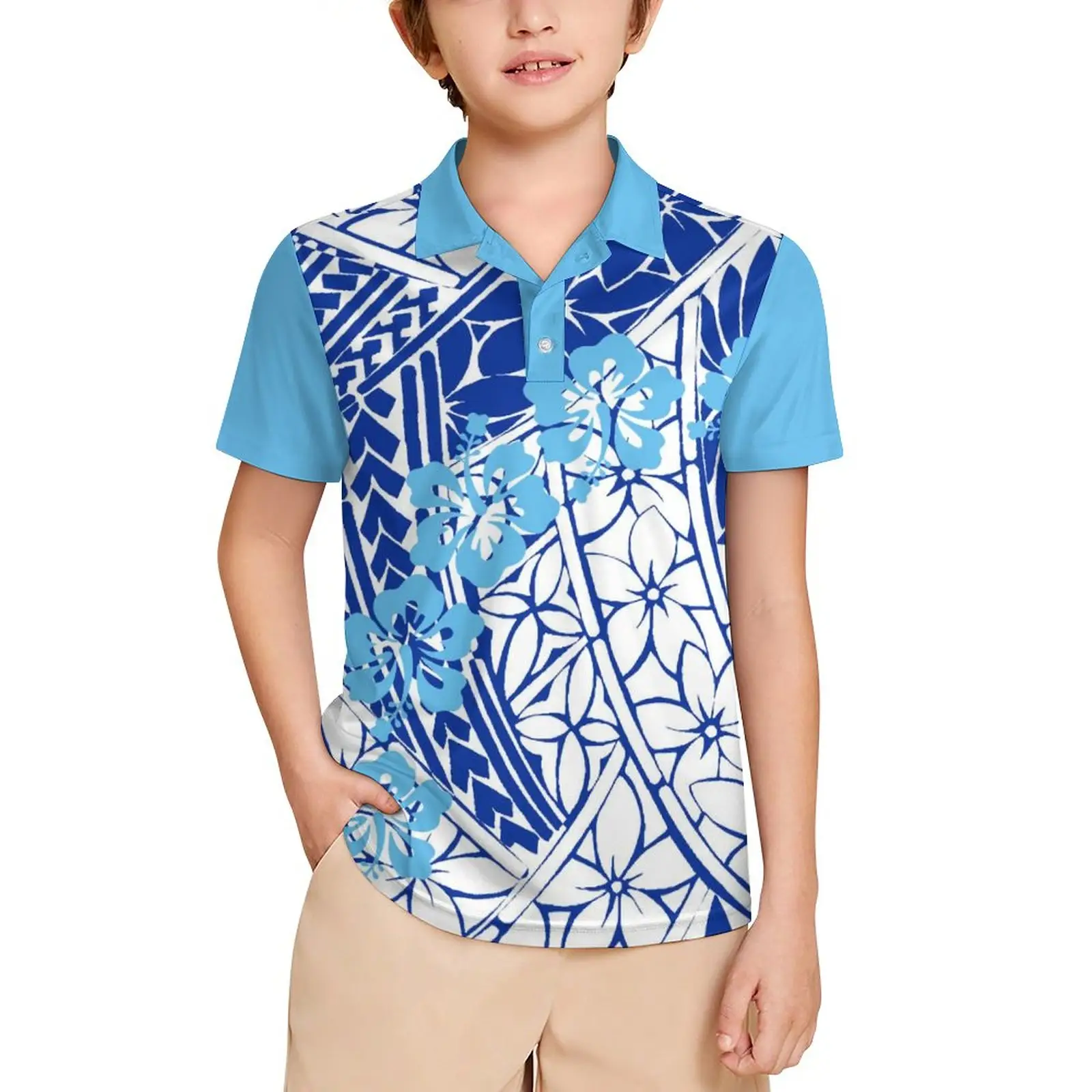 Kaus Polo lengan pendek balita laki-laki seragam sekolah anak-anak kustom kaus Polo cetakan suku Polinesia Hawaii untuk anak-anak