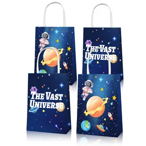 BD038 Outer Space Theme Kids Birthday Party Supplies Astronaut Planet Design Blue Paper Gift Bag with Handle