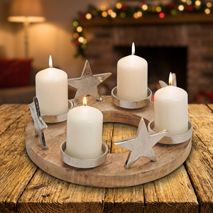 Couronne de l'Avent de Noël faite à la main, support de bougie étoile en fer et verre avec base en bois pour la décoration de la maison - Product Image 2