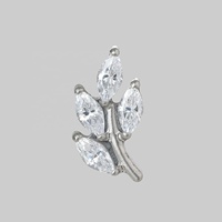 Labret sans filetage en titane F136 G23 avec tige filetée interne et système Push Pin, 4 CZ motif feuille marquise à dos plat