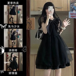 Black Summer Dress Sweetheart Neck Puff Sleeve Mesh Midi Skirt Vintage Party Casual Dress Empire Waistline Translucent - Product Image 3