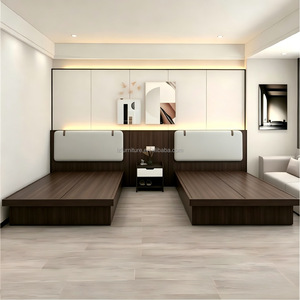 Muebles para Hoteles, Juego de Dormitorio para Hotel de 3 Estrellas, Camas Gemelas con Base de Madera, Panel de Cabecera Integrado y Mesita de Noche Compartida - Product Image 2