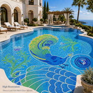 Mosaïque murale de luxe en verre thermofusible motif paon, haute fidélité, pour la décoration des murs de fond de stades, parcs aquatiques, gymnases et piscines extérieures - Product Image 1