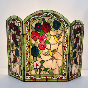 Paravent de cheminée en vitrail, 3 panneaux, motif floral, verre décoratif traditionnel, pour salon, autoportant, forme cathédrale - Product Image 1