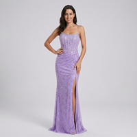 Robe longue sans manches à sequins lilas avec fente |   Robe de soirée avec fermeture éclair invisible au dos