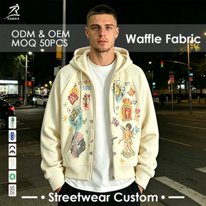Sudadera con capucha y cremallera de punto gofrado personalizada para hombre |   Chaqueta con Capucha y Cierre Completo, Estilo Vintage, Corte Cuadrado, con Estampado Gráfico |   Ropa Urbana de Marca Privada con Bordado - Product Image 1