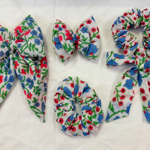Premium Blue Red Floral Hair <b>Bow</b> <b>Clips</b> and Scrunchie Set for Girls Handmade Cotton Daily Wear Party Hair Accessories Collection - Product Image 1