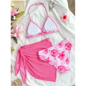 Ensemble de bikini 3 pièces pour fille FOXA, maillot de bain à bretelles florales avec jupe courte en maille, séchage rapide, spandex, polyester - Product Image 2