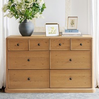 Commode moderne en chêne avec 8 tiroirs, commode large en bois naturel avec poignées noires, armoire de rangement pour chambre à coucher ou salon