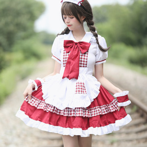Japanese Style Lolita Maid Outfit Women's Cosplay Dress Set Black Checkered Polyester Uniform Anime Costume - Product Image 4