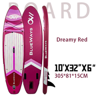 Planche de paddle gonflable rayée rose et blanche avec accessoires complets pour la pêche et le yoga
