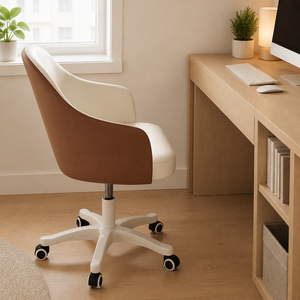 Chaise de salle à manger pivotante à dossier moyen en cuir PU avec roulettes - Chaise de bureau et de maquillage réglable (Bleu) - Product Image 2