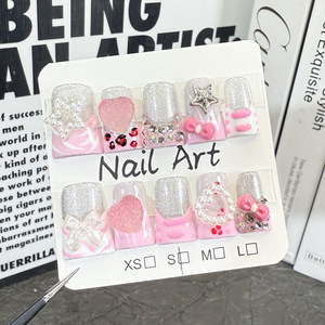 Tszs Leopard Prin Màu Hồng Pháp Nail Mẹo Y2K Phong Cách Vịt Ngắn Handmade Báo Chí Trên Móng Tay Với Gai Thiên Thần Hoa Charms Thạch - Product Image 3