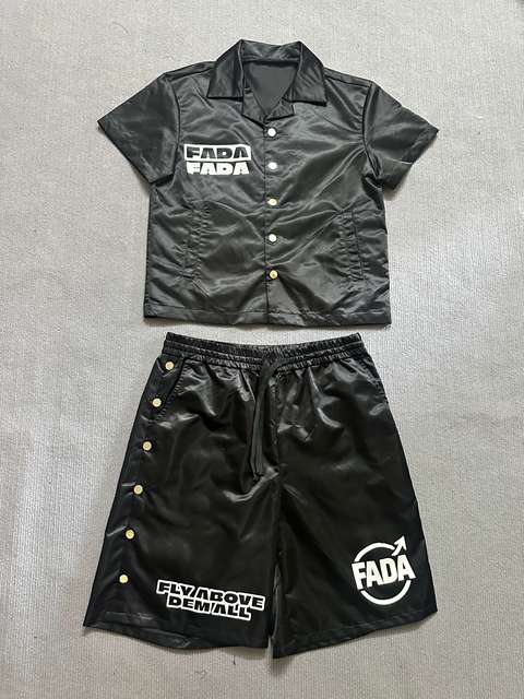 Custom Streetwear Glossy Cuban Collar Button up Top Mid Waist Short Pants Hip Hop Matching Tracksuit Unisex OEM Unisex