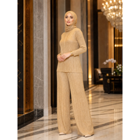 Ensemble 2 pièces de luxe en maille côtelée lurex doré : Haut à col roulé + Pantalon palazzo large – Tenue modeste musulmane – Vente en gros Golfe – Usine OEM