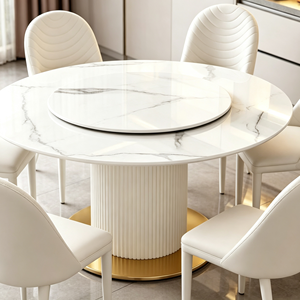 โต๊ะรับประทานอาหารหินเผาพร้อมถาดหมุนแบบ Lazy Susan, ฐานทรงกระบอกสีขาวลายร่อง, เก้าอี้รับประทานอาหารหุ้มหนัง PU สีขาวลายคลื่น - Product Image 2