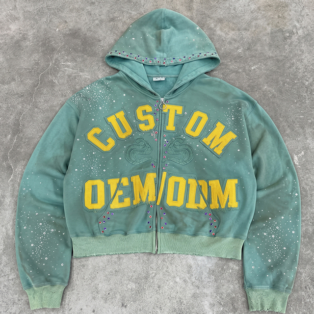 Applique Embroidery Rhinestones Boxy Black OEM Custom Print Heavyweight Streetwear 400 GSM Distressed Zipper Men's Hoodie
