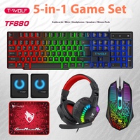 T-WOLF TF880 Ensemble de jeu 5-en-1 Clavier éclairé Souris Casque Haut-parleurs et tapis de souris