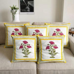 Ensemble de housses de coussin à imprimé floral, housses de coussin en coton, bordure jaune, motif de fleurs roses, housses de coussin de canapé - Product Image 3