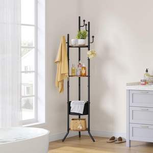 حامل معاطف دائري قائم بذاته مع 3 أرفف خشبية وسلة قماشية واحدة، شماعة ملابس معدنية بـ 5 خطافات - Product Image 6