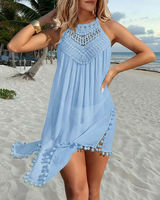 Robe Courte Halter au Crochet pour Femme, Ample, Cache-maillot de Plage, Bordure Pompons, Robe d'Été pour Vacances, Vente en Gros Personnalisée