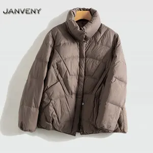 JANVENY Jaket Dasar Saku Wanita, 2022 Musim Semi Elegan Sederhana Sangat Ringan Ramping 90% Putih Bebek Bawah Mantel Kasual Hangat Mode