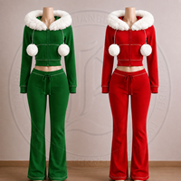 Ensemble de vêtements de Noël pour femmes en tricot gaufré avec logo personnalisé, veste à capuche à col en fourrure et pantalon évasé, ensemble de survêtement deux pièces