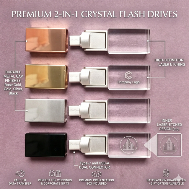 Wedding Custom Logo 2 in 1 Type-c Crystal Usb Drive 2.0 3.0 Drive Crystal USB-C Flash Drive for Promotional Gift