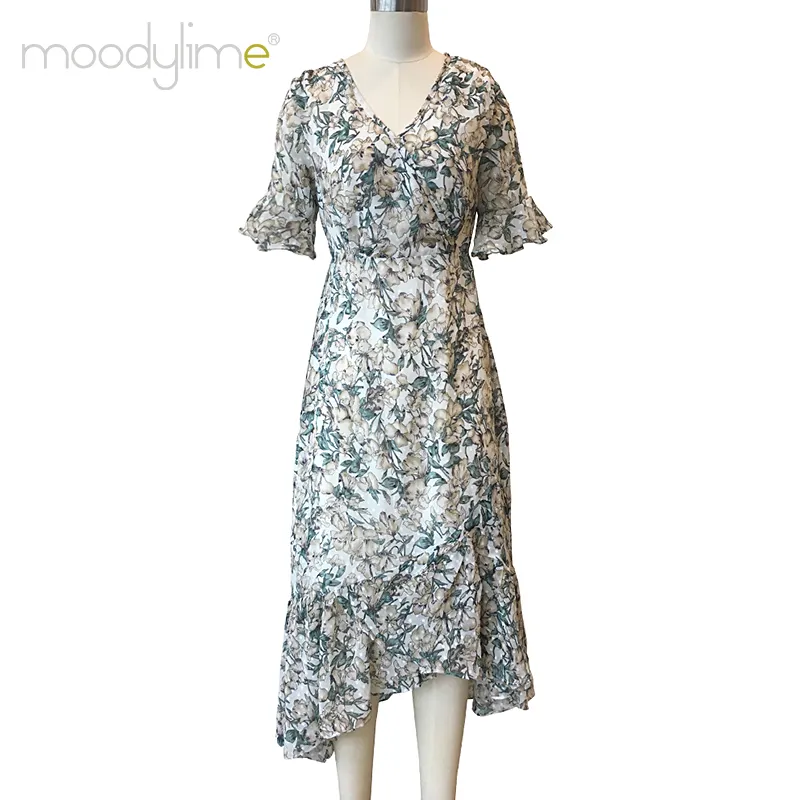 Wholesale V neck short Sleeve Floral Printed Dresses Ladies Slim fit Casual office dresses women.