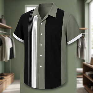 Chemise classique vert-noir contrastée, simple et élégante, à manches courtes, boutonnée, style streetwear. - Product Image 2