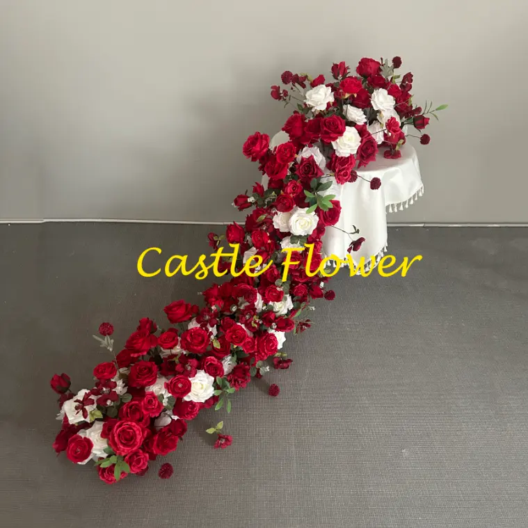 M-R1204 Customized Floral flower rows centerpiece arrangement wedding flower runners decor flower pink runner for table