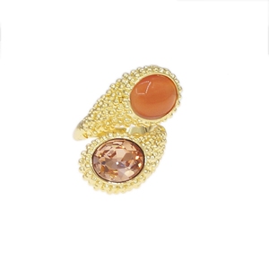Elegante Anillo Abierto de Dos Tonos con Piedras Preciosas, Chapado en Oro, Ojo de Gato Naranja y Cristal Champán, Joyería de Diseño para Mujer - Product Image 3